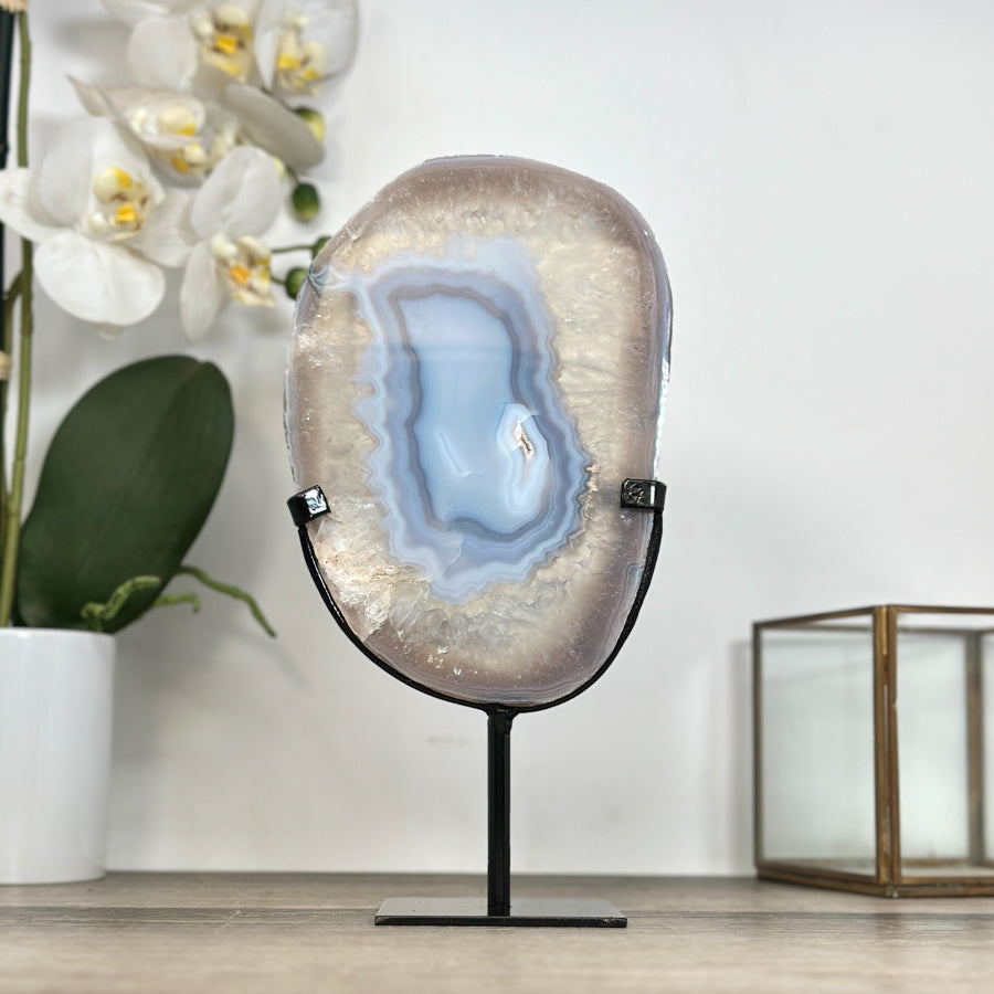 Blue Banded Agate Slice on Stand – Natural Stone Display Statement Piece - MWS2920