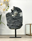 Black Amethyst Crystal Specimen with Calcite Formations on Metal Stand - MWS2871