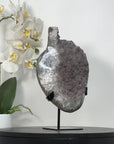 Smoky Sugar Quartz Geode on Metal Stand – Unique Crystal for Office Decor - MWS2740