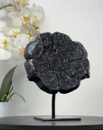 Natural Black Agate Druzy Clover Carving on Metal Stand - MWS2773