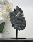 Black Amethyst Crystal Specimen with Calcite Formations on Metal Stand - MWS2871