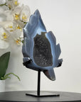 Natural Blue Banded Agate Geode Stone Leaf Carving with Green Druzy Interior - MWS2812