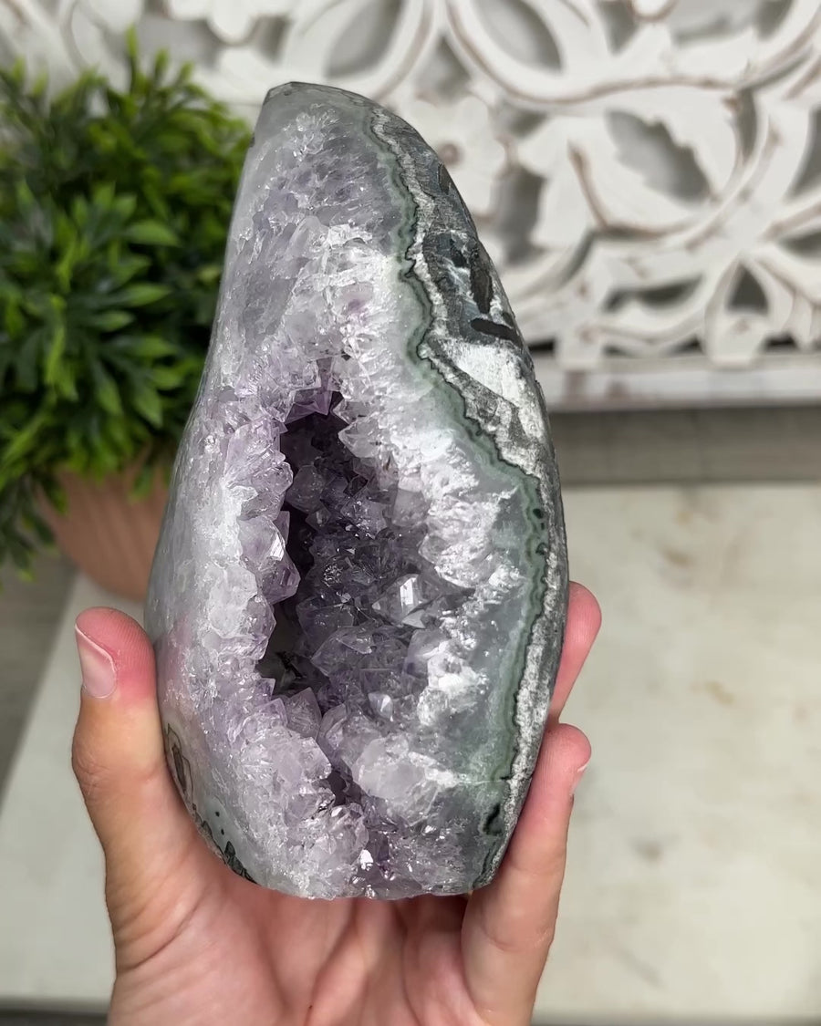 Natural Amethyst Flame Carving Geode - FST0083