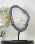 Polished Blue Banded Agate & Quartz Stone Slice on Metal Stand - MWS3037
