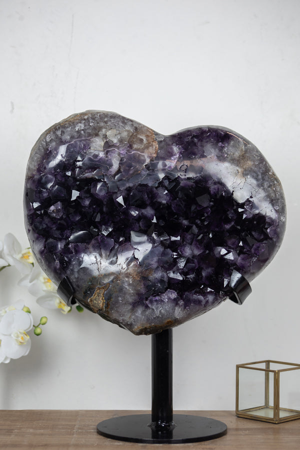 Huge 14.8 in width Premium Amethyst Stone Heart, Stand Included - HAM0199