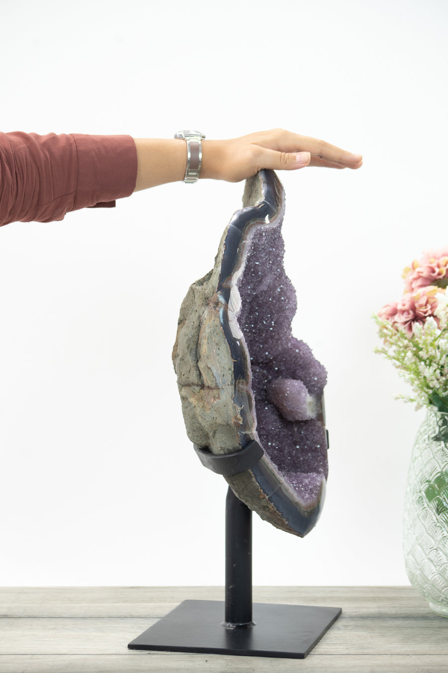 Unique XXL Lavender Amethyst Cluster with Agate Shell and Metal Stand - AWS1430